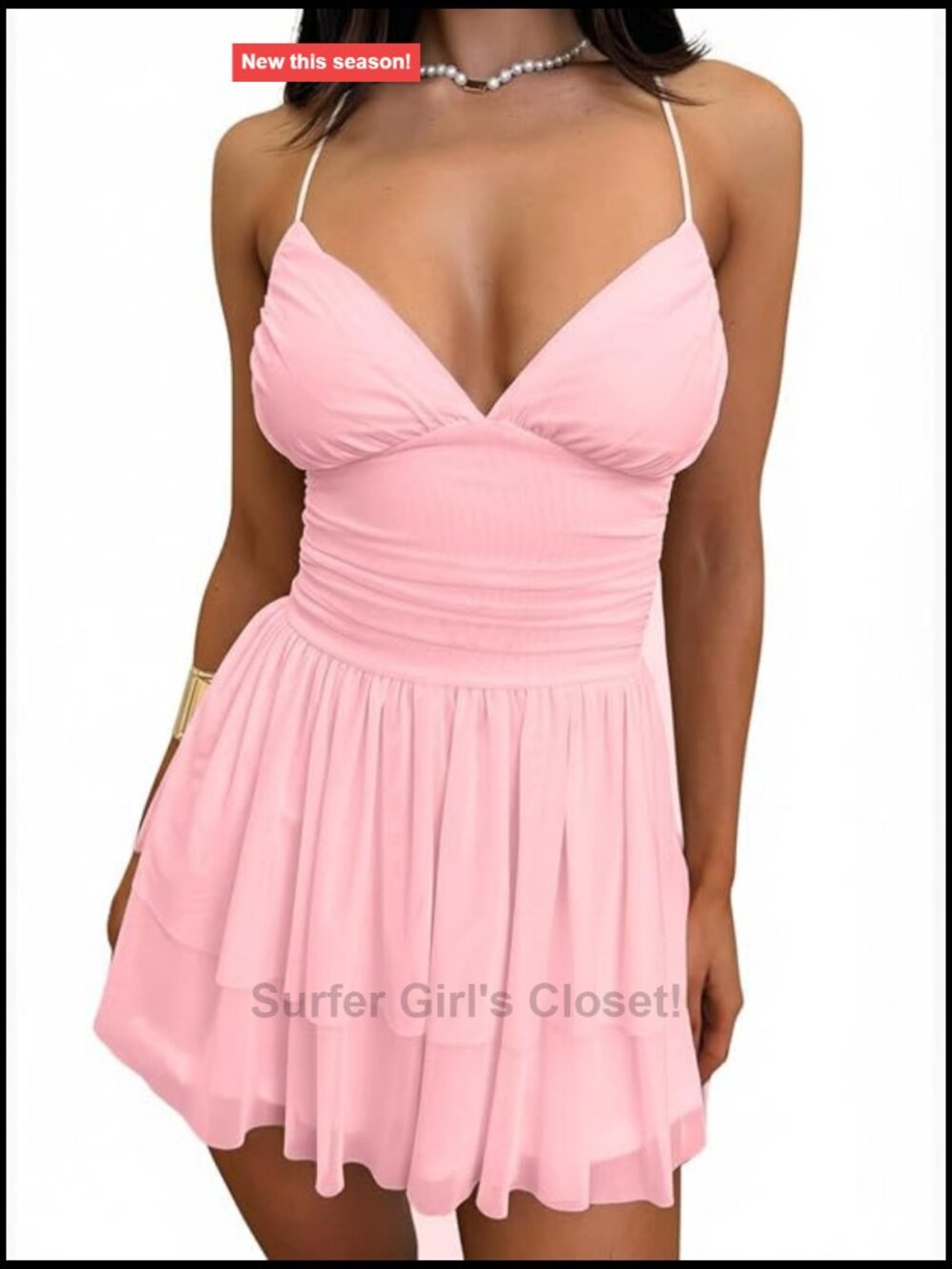 Women's V-Neck Ruffle Hem Sleeveless Ruched Spaghetti Strap Flowy Mini Dress